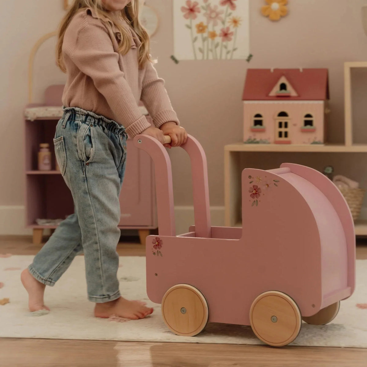 Houten poppenwagen - Roze